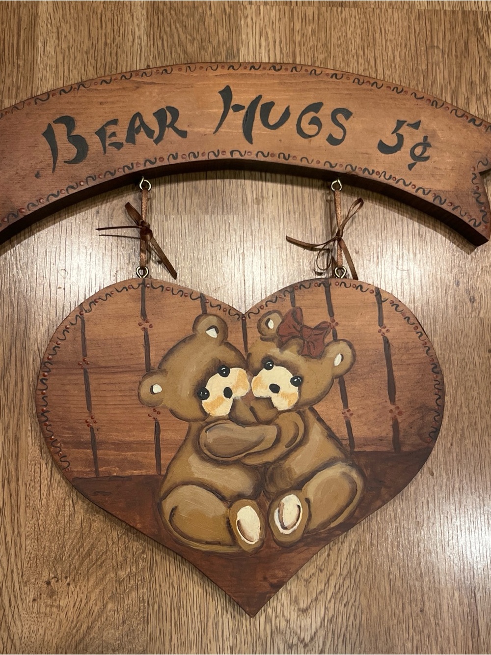 Hand-Painted Brown Bear Hugs Heart Wall Art